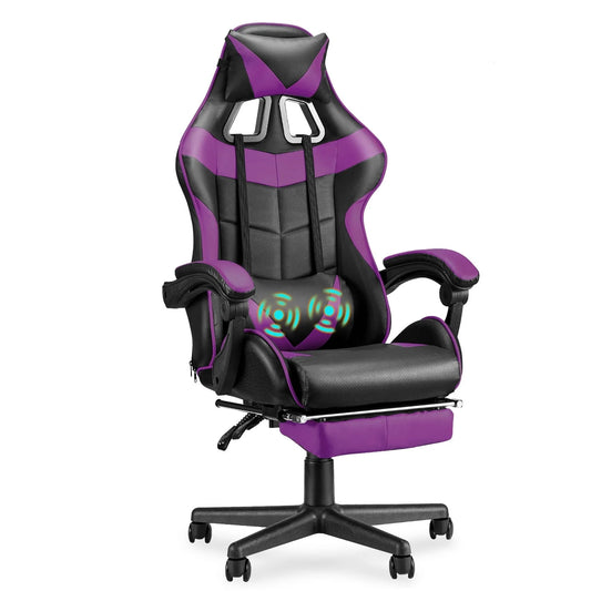 Gaming Chair Office Chair with Footrest, Computer Chair with Massage Lumber Pillow, High Back Ergonomic Gamer Chairs, Swivel Game Desk Chair, Purple